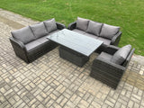 Fimous 7 Seater Outdoor Rattan Garden Furniture Sets Height Adjustable Rising lifting Dining Table Sofa Set with Reclining Chair Dark Grey Mixed