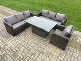 Fimous 7 Seater Outdoor Rattan Garden Furniture Sets Height Adjustable Rising lifting Dining Table Sofa Set with Reclining Chair Dark Grey Mixed