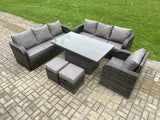 Fimous Outdoor Rattan Garden Furniture Sets Height Adjustable Rising lifting Dining Table Sofa Set with Reclining Chair 2 Small Footstool Dark Grey Mixed