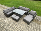 Fimous Outdoor Rattan Garden Furniture Sets Height Adjustable Rising lifting Dining Table Sofa Set with Reclining Chair 3 Footstools Dark Grey Mixed