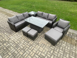 Fimous PE Rattan Outdoor Garden Furniture Sets Height Adjustable Rising lifting Dining Table Sofa Set with Side Table Reclining Chair 3 Footstools Dark Grey Mixed