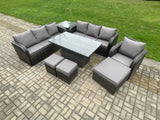 Fimous PE Rattan Outdoor Garden Furniture Sets Height Adjustable Rising lifting Dining Table Sofa Set with Side Table Reclining Chair 3 Footstools Dark Grey Mixed