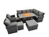 Fimous Outdoor Furniture Garden Dining Set Rattan Corner Sofa Chair Sets Gas Fire Pit Table with Temper Glass 3 Footstools Dark Grey Mixed