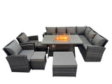 Fimous Outdoor Furniture Garden Dining Set Rattan Corner Sofa Chair Sets Gas Fire Pit Table with Temper Glass 3 Footstools Dark Grey Mixed