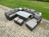 Fimous PE Rattan Outdoor Garden Furniture Sets Height Adjustable Rising lifting Dining Table Sofa Set with 2 Side Tables Reclining Chair 3 Footstools