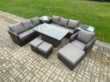 Fimous PE Rattan Outdoor Garden Furniture Sets Height Adjustable Rising lifting Dining Table Sofa Set with 2 Side Tables Reclining Chair 3 Footstools