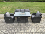 Fimous Garden Patio Furniture Wicker Rattan Gas Fire Pit Table and Chair set with 3 Seater Sofa Dark Grey Mixed