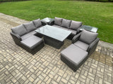 Fimous 9 Seater PE Rattan Outdoor Garden Furniture Sets Height Adjustable Rising lifting Dining Table Sofa Set with 2 Side Tables Reclining Chair 2 Big Footstool