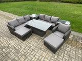 Fimous 9 Seater PE Rattan Outdoor Garden Furniture Sets Height Adjustable Rising lifting Dining Table Sofa Set with 2 Side Tables Reclining Chair 2 Big Footstool
