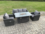 Fimous Garden Patio Furniture Wicker Rattan Gas Fire Pit Table and Chair set with 3 Seater Sofa Dark Grey Mixed