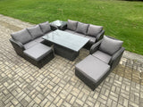 Fimous PE Rattan Outdoor Garden Furniture Sets Height Adjustable Rising lifting Dining Table Sofa Set with Side Tables Reclining Chair 2 Big Footstool