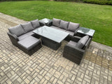 Fimous Outdoor Rattan Garden Furniture Sets Height Adjustable Rising lifting Dining Table Sofa Set with Reclining Chair Side Table Big Footstool Dark Grey Mixed