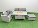 Fimous 6 Seater PE Rattan Wicker Garden Furniture Patio Conservatory Sofa Set with Firepit Dining Table 3 Seater Sofa Love Sofa Big Footstool Side Table