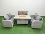 Fimous  6 Seater PE Wicker Rattan Furniture Sofa Sets with Firepit Dining Table 2 Seater Love Sofa Light Grey