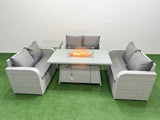 Fimous  6 Seater PE Wicker Rattan Furniture Sofa Sets with Firepit Dining Table 2 Seater Love Sofa Side Table Light Grey