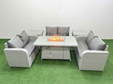 Fimous  6 Seater PE Wicker Rattan Furniture Sofa Sets with Firepit Dining Table 2 Seater Love Sofa 2 Side Table Light Grey