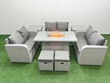 Fimous  8 Seater PE Wicker Rattan Furniture Sofa Sets with Firepit Dining Table 2 Seater Love Sofa 2 Stool 2 Side Table Light Grey