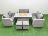 Fimous  8 Seater PE Wicker Rattan Furniture Sofa Sets with Firepit Dining Table 2 Seater Love Sofa 2 Stool Side Table Light Grey