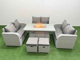 Fimous  8 Seater PE Wicker Rattan Furniture Sofa Sets with Firepit Dining Table 2 Seater Love Sofa 2 Stool Light Grey
