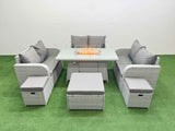 Fimous  9 Seater PE Wicker Rattan Furniture Sofa Sets with Firepit Dining Table 2 Seater Love Sofa 3 Stool Light Grey