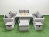 Fimous  9 Seater PE Wicker Rattan Furniture Sofa Sets with Firepit Dining Table 2 Seater Love Sofa 3 Stool Side Table Light Grey