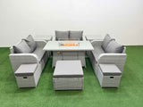 Fimous  9 Seater PE Wicker Rattan Furniture Sofa Sets with Firepit Dining Table 2 Seater Love Sofa 3 Stool 2 Side Table Light Grey