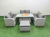 Fimous  7 Seater PE Wicker Rattan Furniture Sofa Sets with Firepit Dining Table 2 Seater Love Sofa Big Footstool 2 Side Table Light Grey
