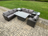 Fimous Outdoor Rattan Garden Furniture Sets Height Adjustable Rising lifting Dining Table Sofa Set with Reclining Chair 2 Side Tables Dark Grey Mixed