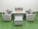 Fimous  7 Seater PE Wicker Rattan Furniture Sofa Sets with Firepit Dining Table 2 Seater Love Sofa Big Footstool Light Grey
