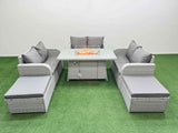 Fimous  8 Seater PE Wicker Rattan Furniture Sofa Sets with Firepit Dining Table 2 Seater Love Sofa 2 Big Footstool Light Grey