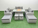 Fimous PE Rattan Lounge Sofa Set 10 Seater Outdoor Garden Furniture Set with Gas Firepit Table Love Sofa 2 Big Footstools Side Table Light Grey