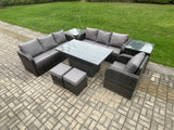 Fimous PE Rattan Outdoor Garden Furniture Sets Height Adjustable Rising lifting Dining Table Sofa Set with 2 Side Tables Reclining Chair 2 Small Footstools