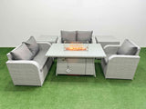 Fimous High Back Poly Rattan Garden Furniture Set with Reclining Chair Loveseat Sofa Firepit Dining Table Indoor Outdoor Patio  Set 2 Side Table Light Grey