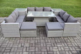 Fimous 11 Seater PE Rattan Garden Funiture Set Outdoor Height Adjustable Rising Lifting Table Sofa Dining Set with 2 Side Tables 2 Big Footstools