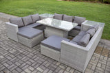 Fimous 11 Seater PE Rattan Garden Funiture Set Outdoor Height Adjustable Rising Lifting Table Sofa Dining Set with 2 Side Tables 2 Big Footstools