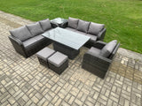 Fimous Outdoor Rattan Garden Furniture Sets Height Adjustable Rising lifting Dining Table Sofa Set with Reclining Chair Side Table 2 Small Footstools Dark Grey Mixed