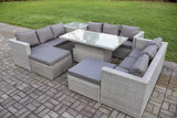 Fimous 11 Seater Outdoor PE Rattan Garden Funiture Set Height Adjustable Rising Lifting Table Sofa Dining Set with Side Table 2 Big Footstools