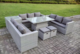 Fimous 11 Seater Outdoor PE Rattan Garden Funiture Set Height Adjustable Rising Lifting Table Sofa Dining Set with Side Table 2 Big Footstools