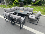 Fimous Aluminum Outdoor Garden Furniture Set Corner Sofa 3 PC Chairs Gas Fire Pit Dining Table Set Gas Heater Burner Dark Grey 8 Seater