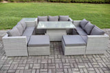 Fimous 11 Seater Outdoor PE Rattan Garden Funiture Set Height Adjustable Rising Lifting Table Sofa Dining Set with Side Table 2 Big Footstools
