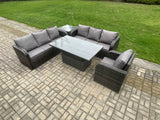 Fimous Outdoor Rattan Garden Furniture Sets Height Adjustable Rising lifting Dining Table Sofa Set with Reclining Chair Side Table Dark Grey Mixed