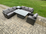 Fimous Outdoor Rattan Garden Furniture Sets Height Adjustable Rising lifting Dining Table Sofa Set with Reclining Chair Side Table Dark Grey Mixed
