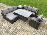 Fimous Outdoor Rattan Garden Furniture Sets Height Adjustable Rising lifting Dining Table Sofa Set with Reclining Chair Big Footstool Side Table Dark Grey Mixed