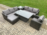 Fimous Outdoor Rattan Garden Furniture Sets Height Adjustable Rising lifting Dining Table Sofa Set with Reclining Chair Big Footstool Side Table Dark Grey Mixed