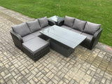 Fimous Outdoor Rattan Garden Furniture Sets Height Adjustable Rising lifting Dining Table Sofa Set with Side Table Big Footstool Dark Grey Mixed