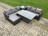 Fimous Outdoor Rattan Garden Furniture Sets Height Adjustable Rising lifting Dining Table Sofa Set with Side Table Big Footstool Dark Grey Mixed