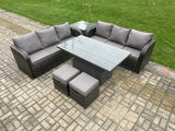 Fimous Outdoor Rattan Garden Furniture Sets Height Adjustable Rising lifting Dining Table Sofa Set with Side Table 2 Small Footstools Dark Grey Mixed