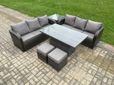 Fimous Outdoor Rattan Garden Furniture Sets Height Adjustable Rising lifting Dining Table Sofa Set with Side Table 2 Small Footstools Dark Grey Mixed