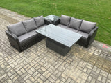 Fimous Outdoor Rattan Garden Furniture Lounge Sofa Set with Height Adjustable Rising lifting Dining Table Dark Grey Mixed