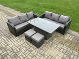 Fimous 8 Seater Outdoor Rattan Garden Furniture Sets Height Adjustable Rising lifting Dining Table Sofa Set with 2 Small Footstools Dark Grey Mixed
